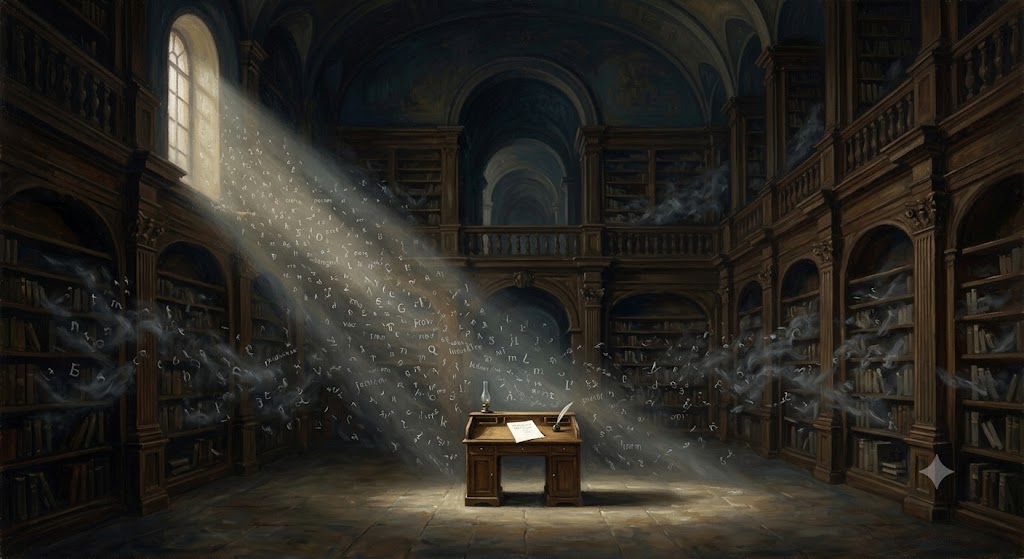 1024×559 AI-generated image of a library with shelves of books fading into abstract forms, one page in focus