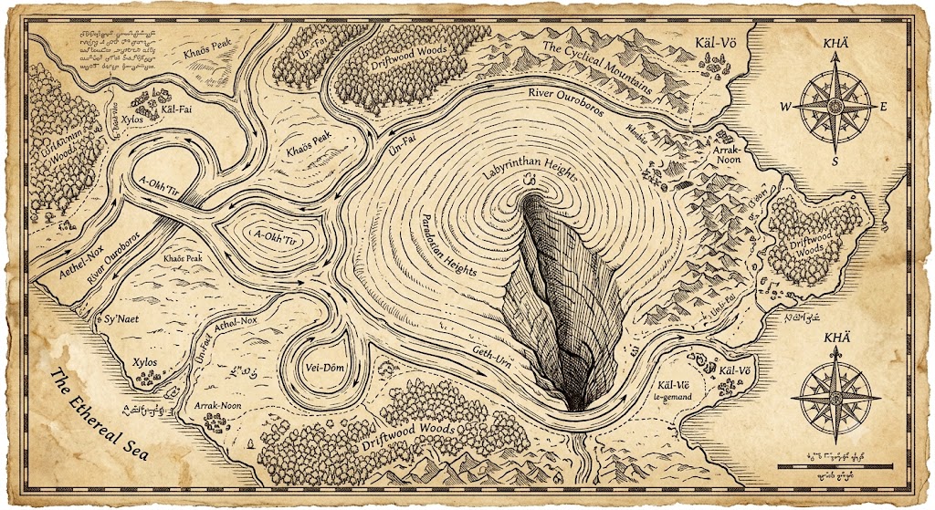 1024×559 AI-generated image of a fantastical map with rivers flowing both directions, named River Ouroboros and the Cyclical Mountains