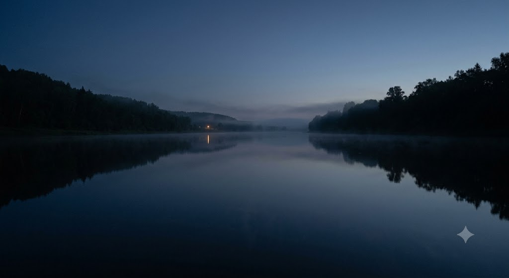 1024×559 AI-generated image of a dark river landscape at twilight with one distant warm light